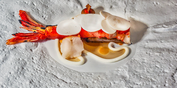 Gefüllter Atlantik Carabinero mit Fenchel, Orange und Ziegenricotta