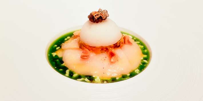 Roh marinierte Jakobsmuschel mit Austern-Sorbet und Curry-Vinaigrette