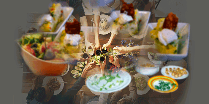 Gemeinsames Essen (Collage, Tischfoto: fauxels, pexels)