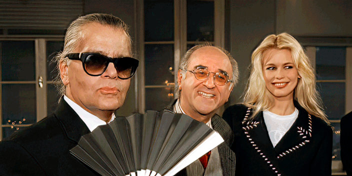 Karl Lagerfeld, Alfred Biolek, Claudia Schiffer, v. l. n. r. in Boulevard Bio (© WDR)